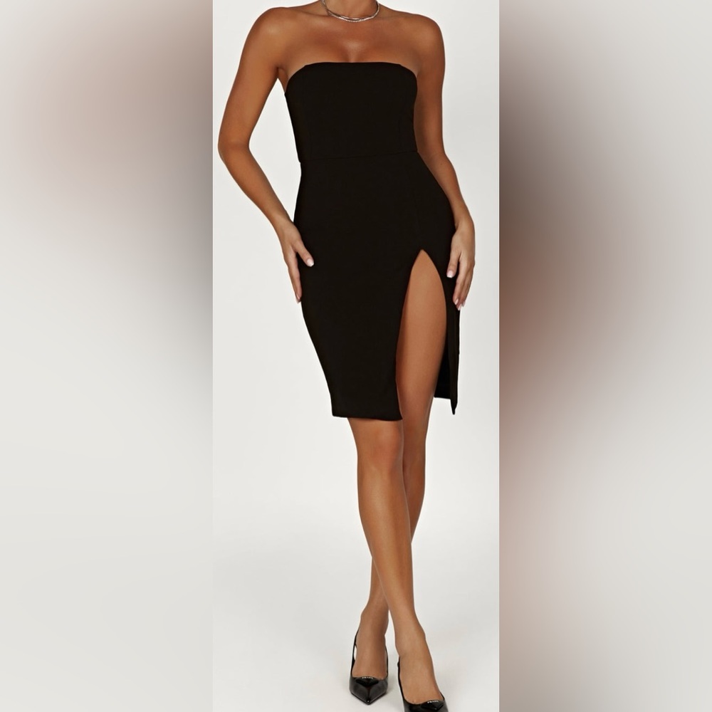 MESHKI Rachel Crepe Bandeau Thigh Split Mini Dress small